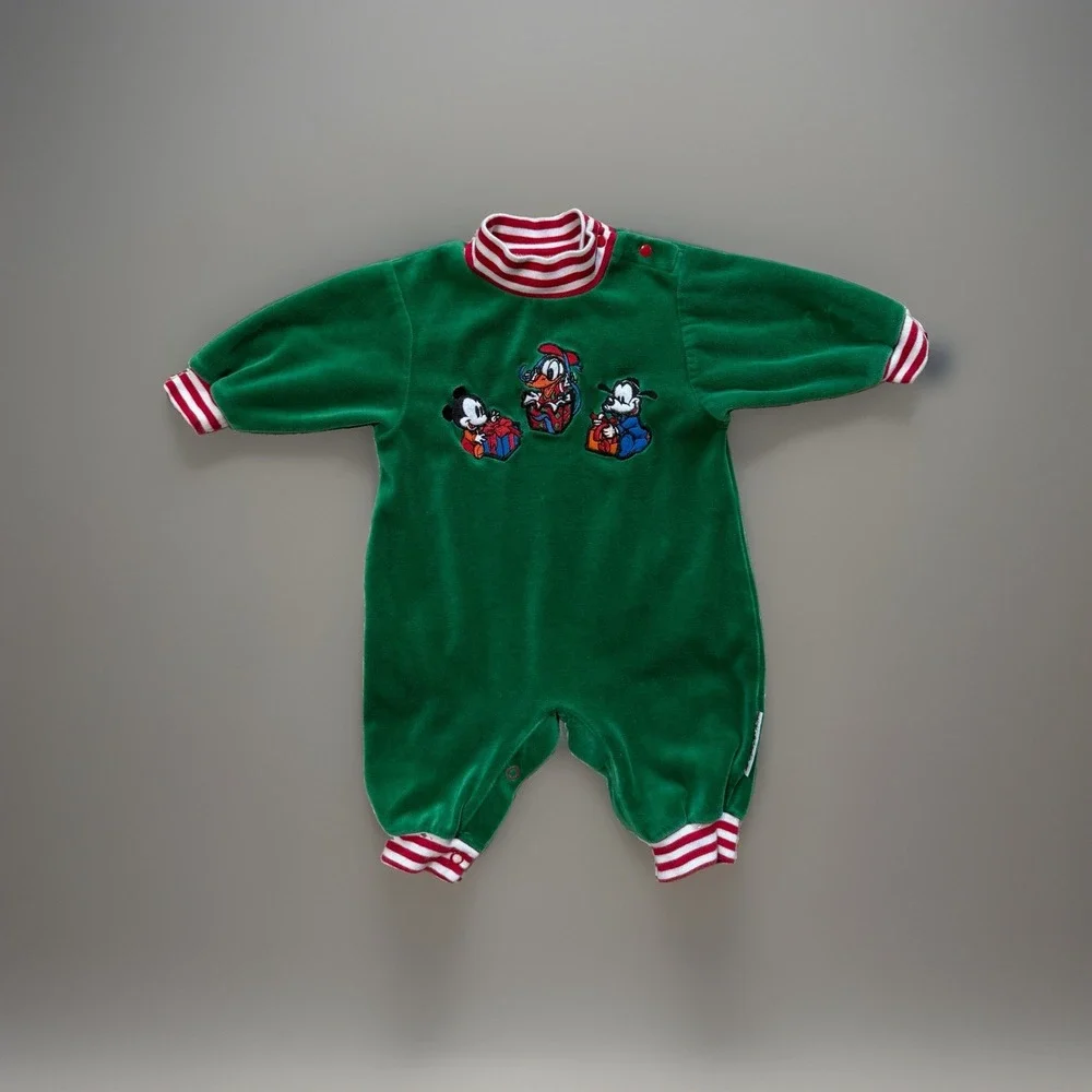 Vtg Green Velour Baby Mickey & Co Christmas Long Sleeve Bodysuit Romper 6-9 mo